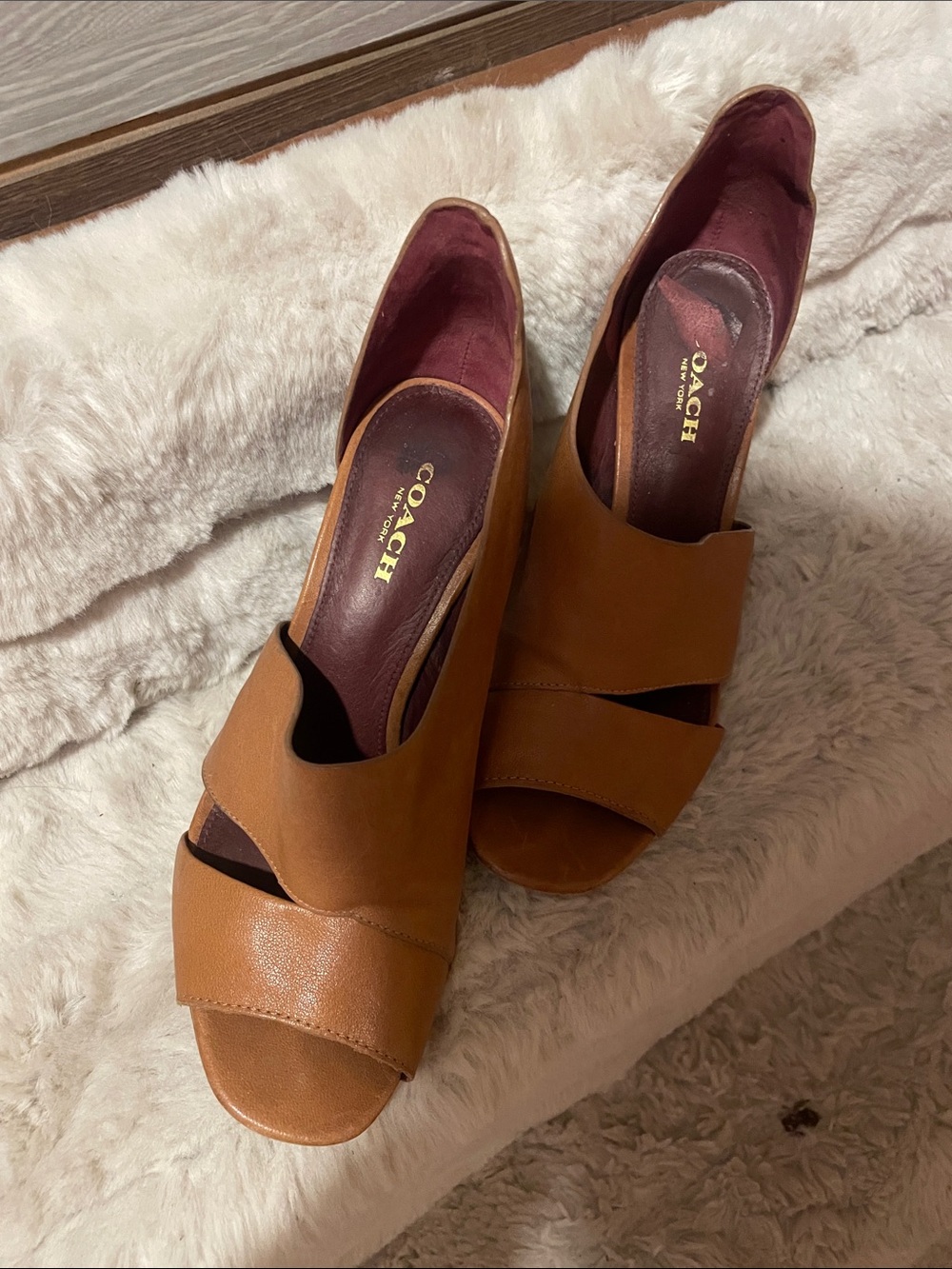 Coach Cognac Leather Open-Toe Wedge Sandals with Burgundy Insole